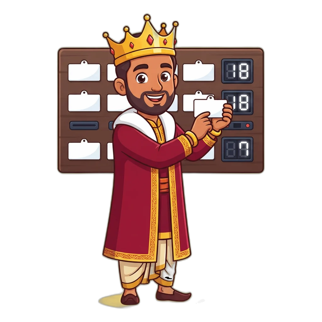 Cartoon king mascot pinning an SG 04:30 PM name tag onto a result board