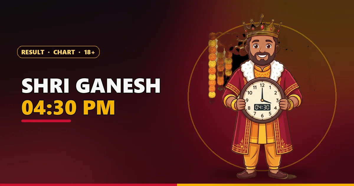 Cartoon king mascot holding a clock at 04:30 PM with marigold garlands for the Shri Ganesh Satta King page