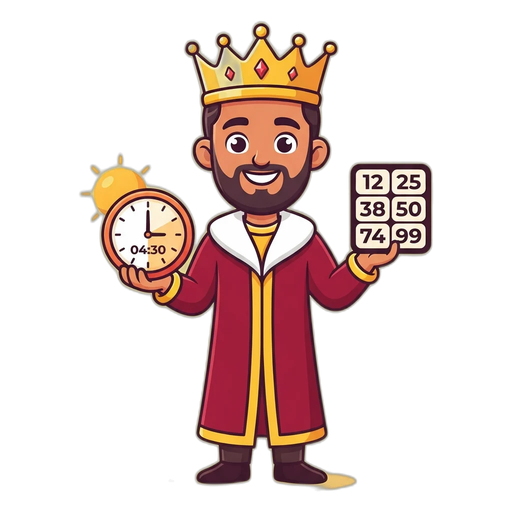 Cartoon king mascot holding a clock at 04:30 PM for the Shri Ganesh Satta King draw