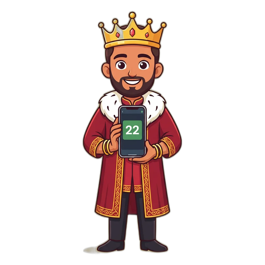 Cartoon king mascot holding a phone showing the Shri Ganesh Satta King result card
