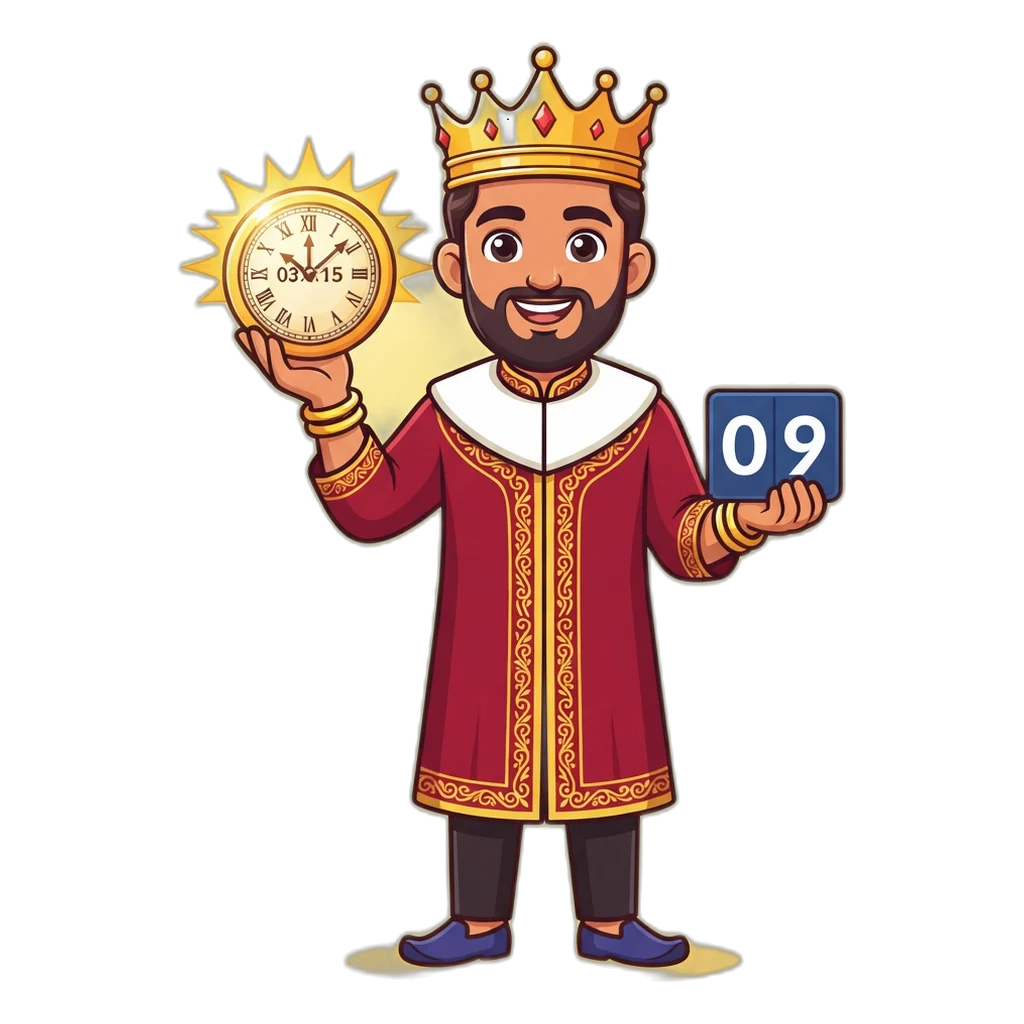 Cartoon king mascot holding a clock at 03:15 PM for the Taj Satta King draw