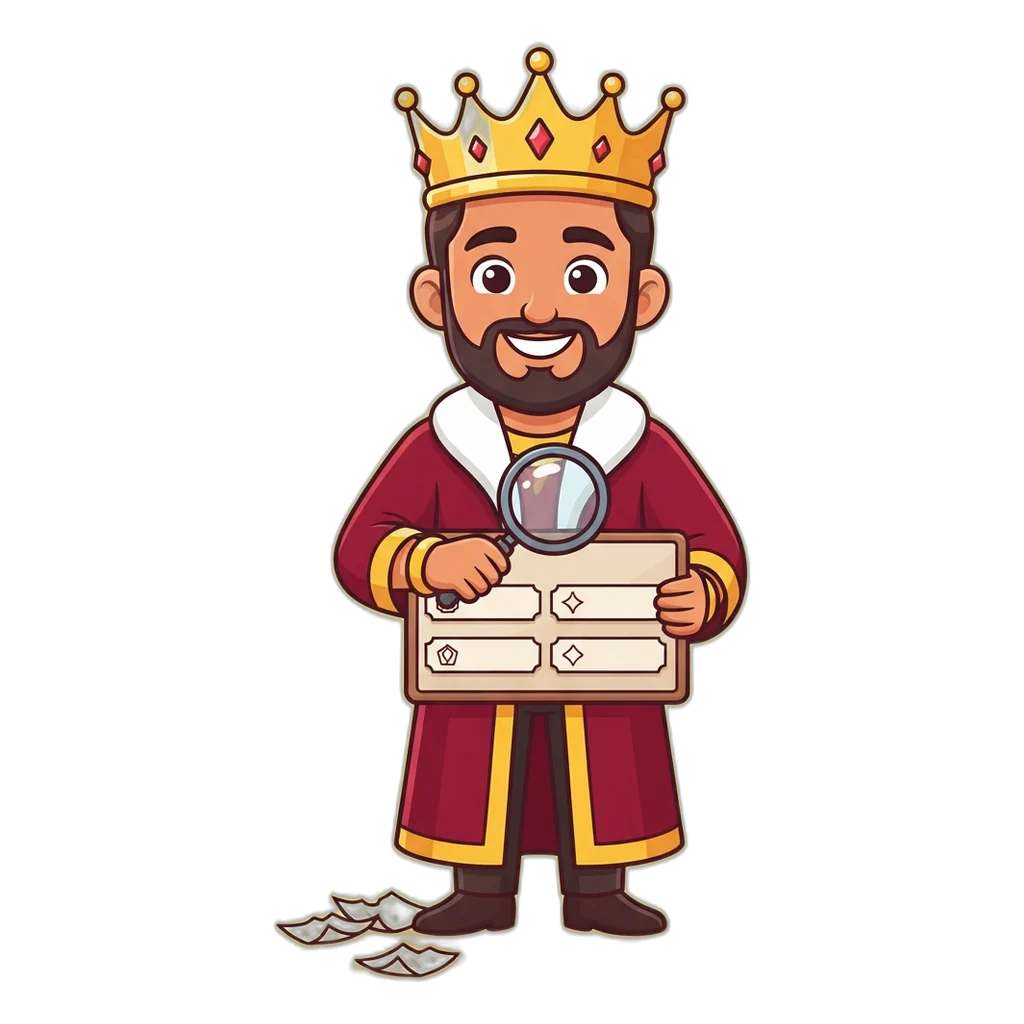 Cartoon king mascot comparing the four Taj board names with discarded Taj nickname notes