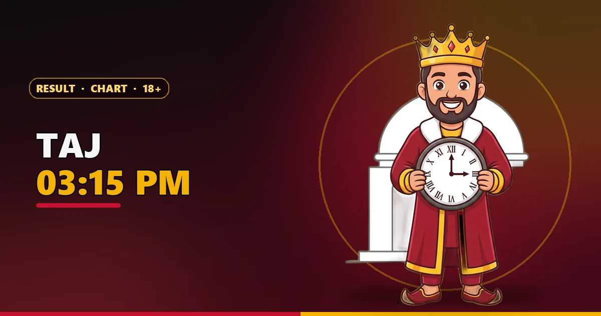 Cartoon king mascot holding a clock at 03:15 PM in front of a domed monument for the Taj Satta King page