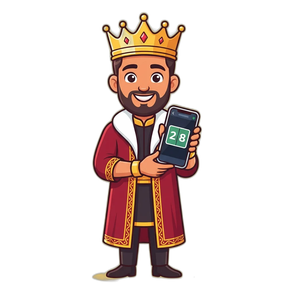 Cartoon king mascot holding a phone showing the Taj Satta King result card