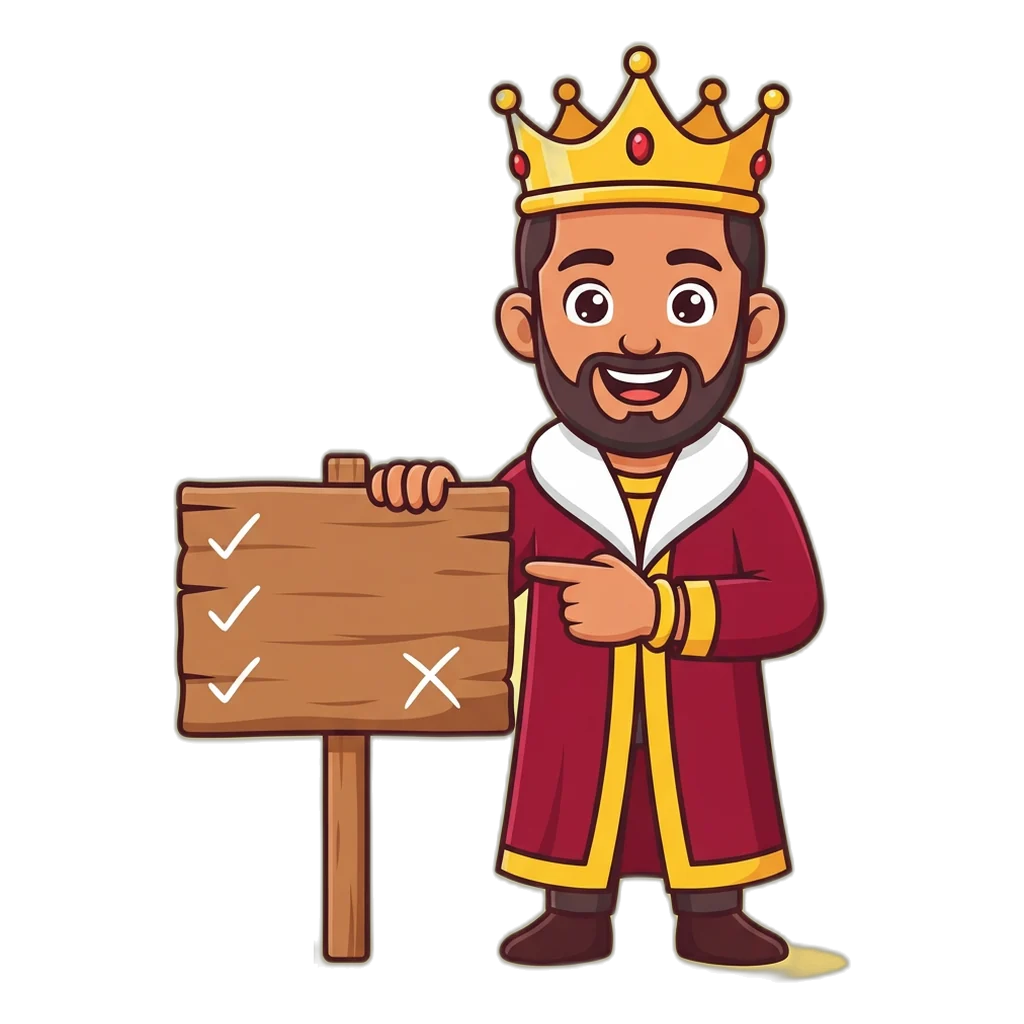 Cartoon king mascot beside a signboard of simple rules, the terms of use in one picture