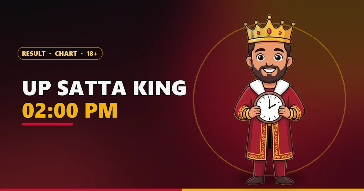 Cartoon king mascot holding a clock at 02:00 PM beside a state map for the UP Satta King page