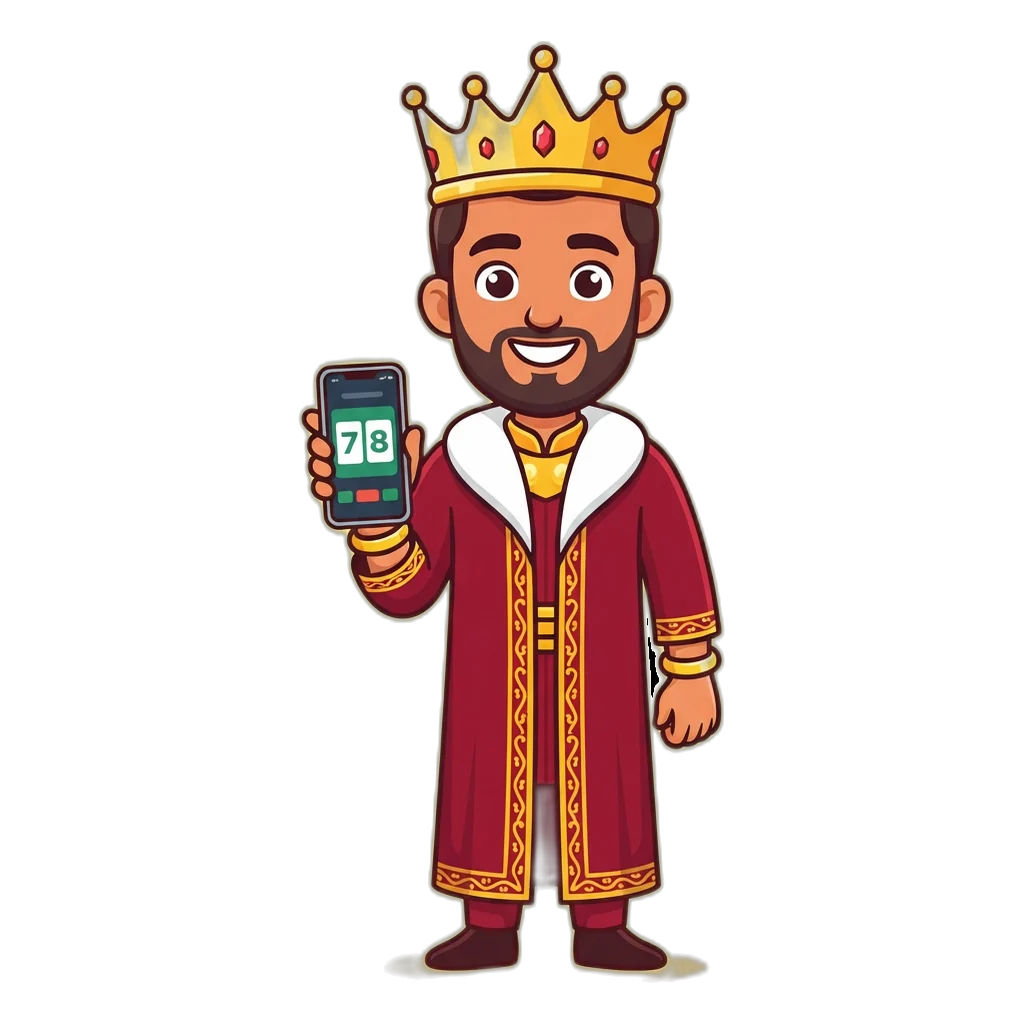 Cartoon king mascot holding a phone showing the UP King result card