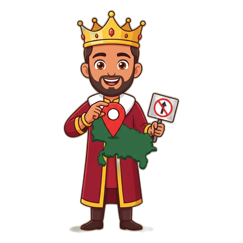 Cartoon king mascot with a map pin on Uttar Pradesh and a UP sign, showing that UP means the state