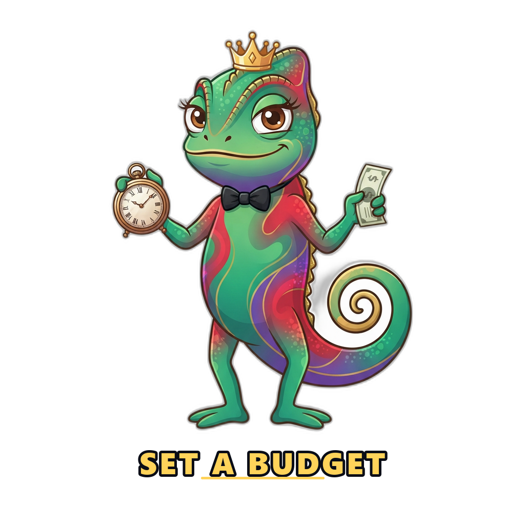 Mascot holding a clock and a budget note