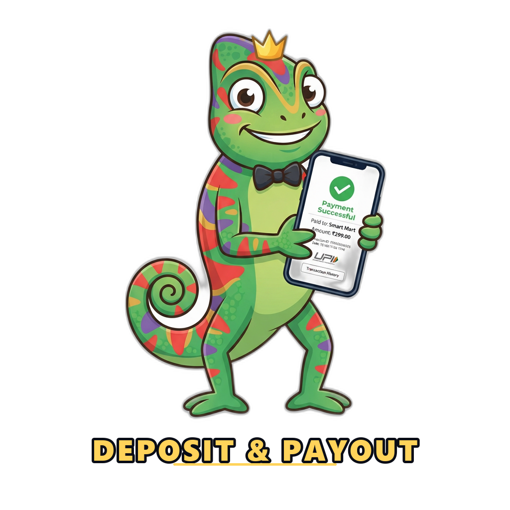 Friendly gaming mascot making a UPI deposit on a phone