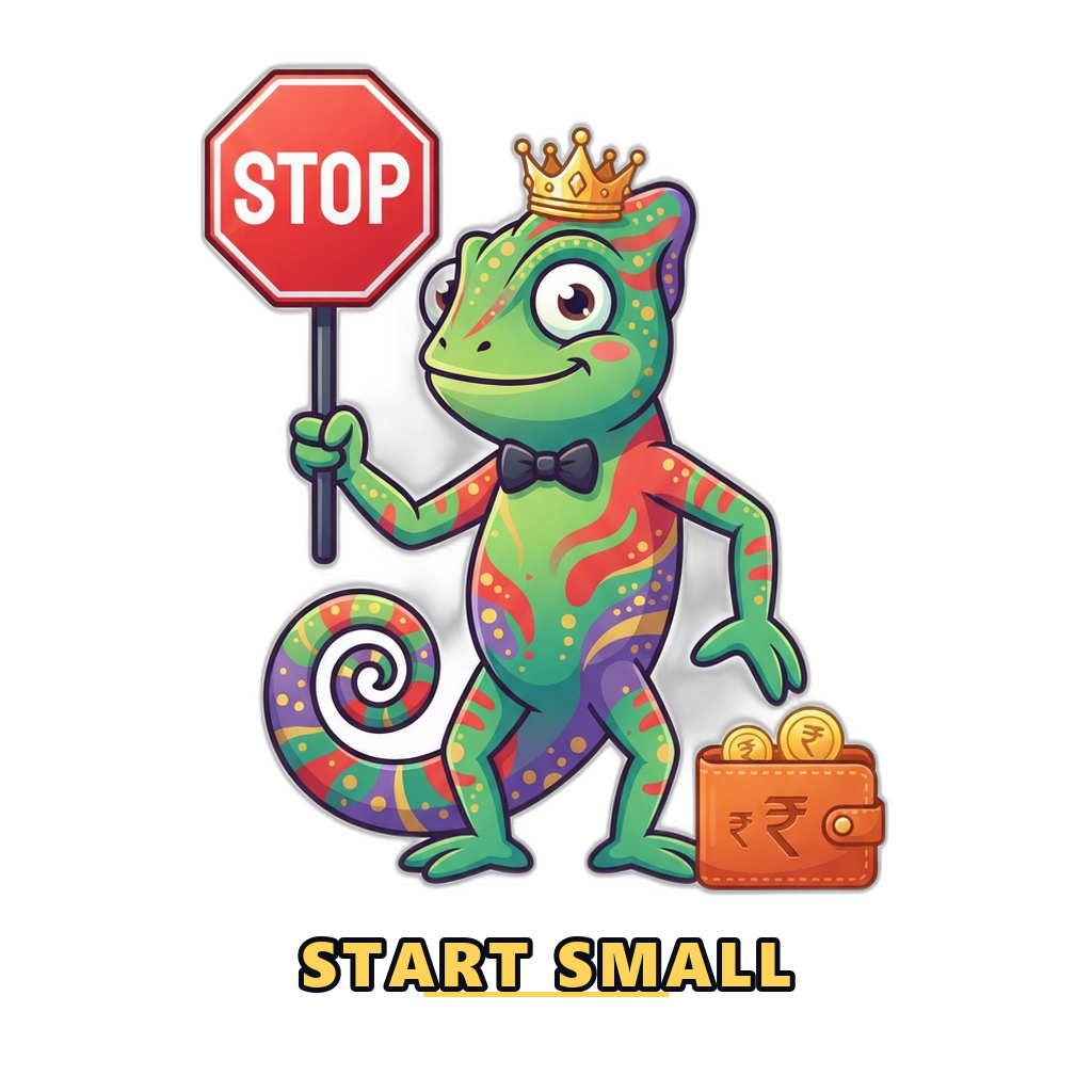 Mascot holding a stop sign beside a small rupee budget wallet