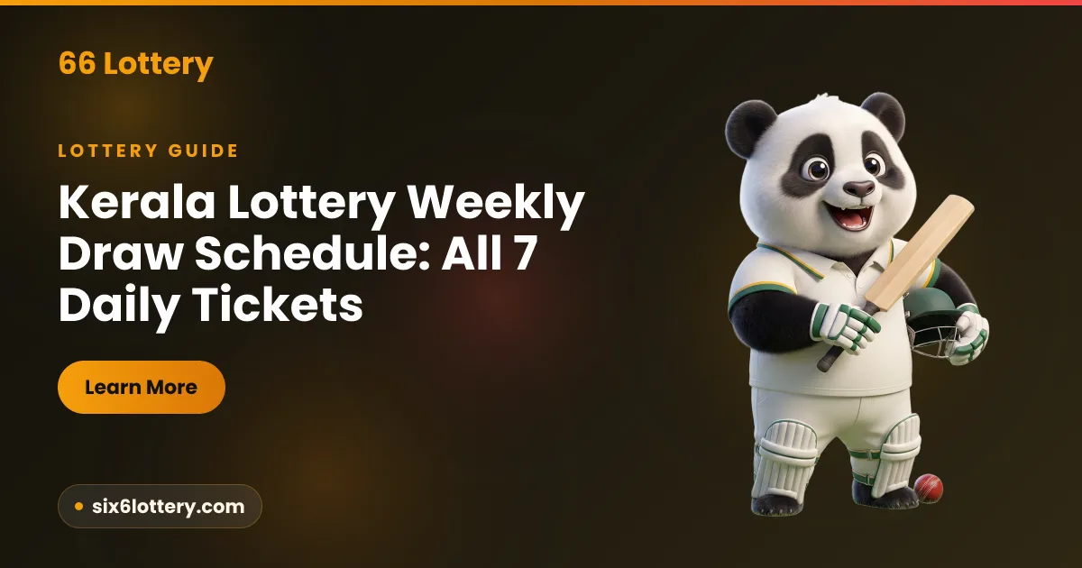 Kerala lottery weekly draw schedule illustration: a seven-day calendar with a different ticket name for each day and a fixed afternoon clock
