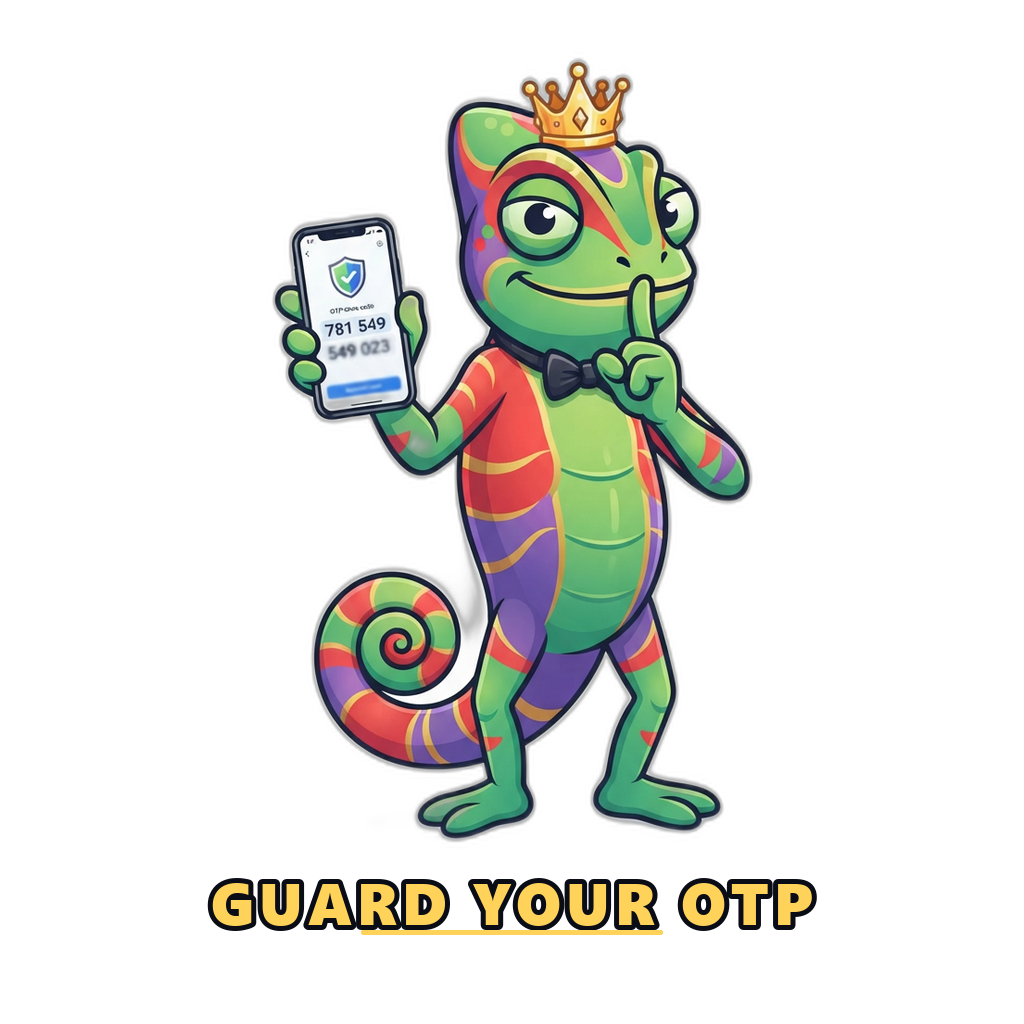 Mascot shielding a phone that shows a one-time code