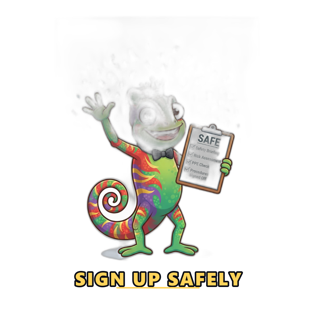 Mascot celebrating a completed safe sign-up checklist