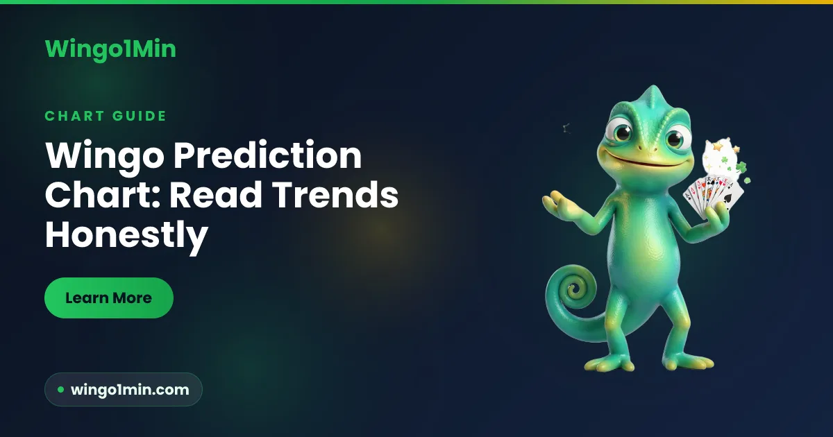 Chameleon mascot reading a trend chart of red green and violet dots with a magnifying glass