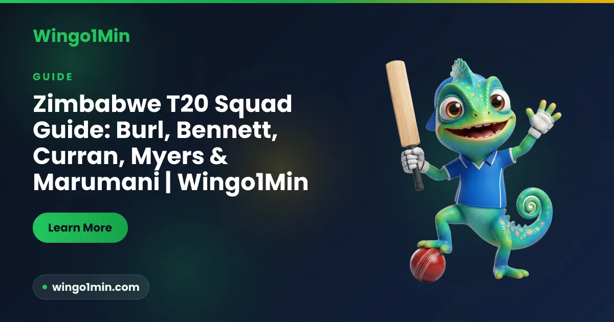 Cricket team line-up card illustration showing Zimbabwe T20 squad positions with batting and bowling role icons