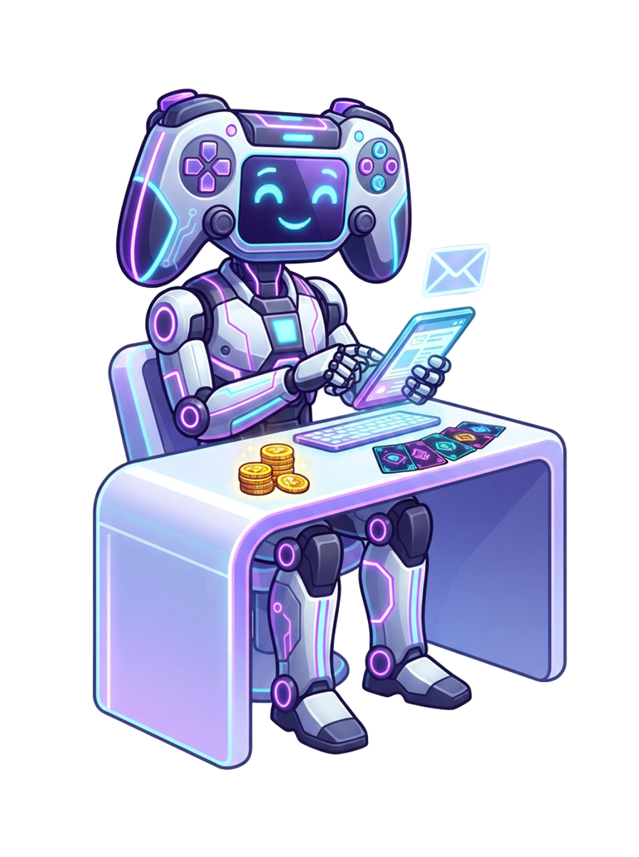Robot mascot writing an email to the Yono Games guide team