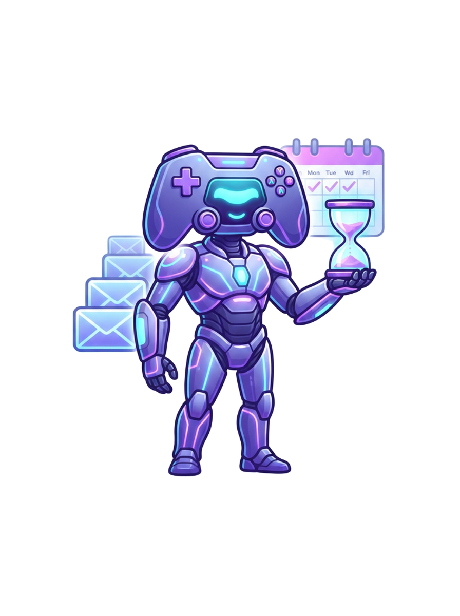 Robot mascot checking response times for the Yono Games guide inbox