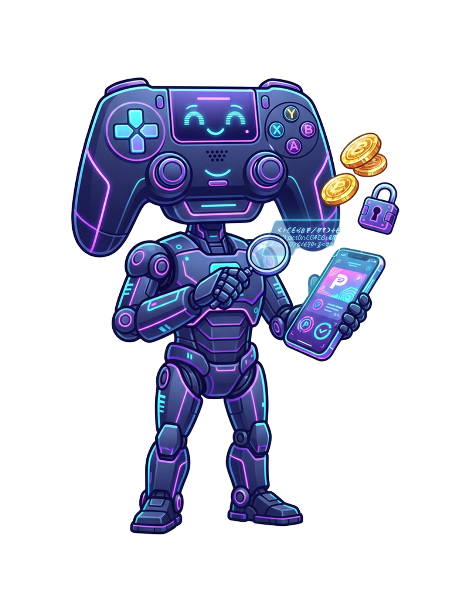 Gaming mascot checking a UPI payment reference on a phone screen