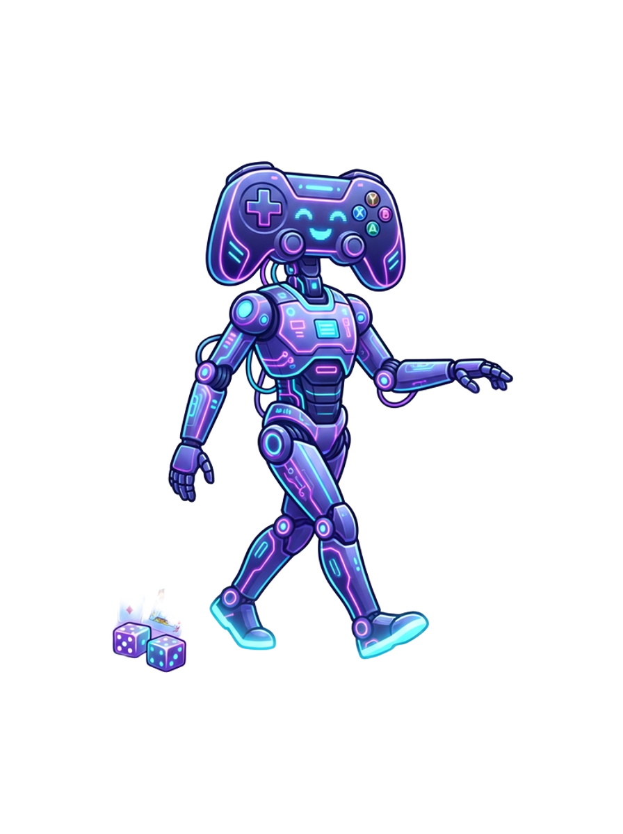 Neon gaming mascot stepping away from a game screen to take a healthy break