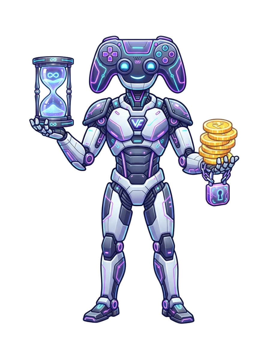Gaming mascot with an hourglass and locked coins showing money and time limits