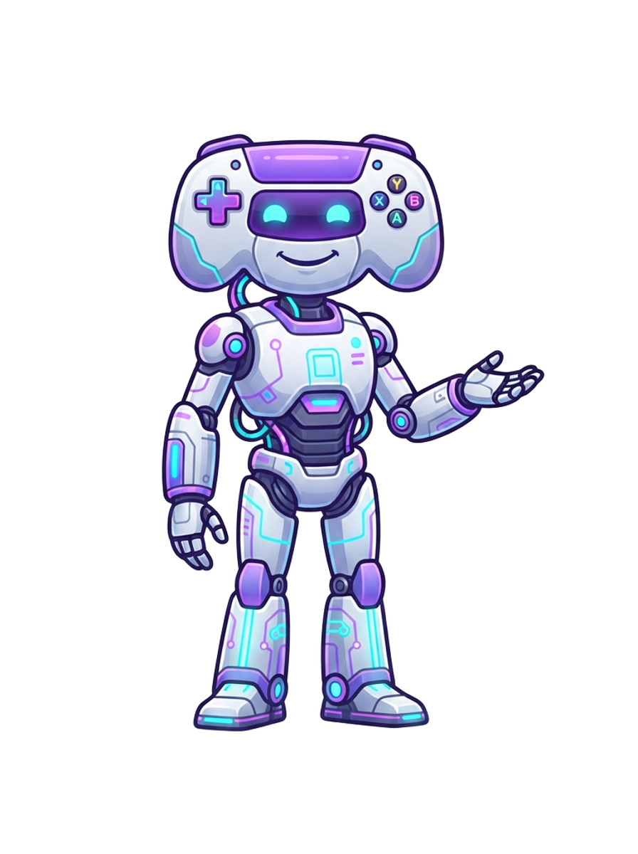 Neon gaming mascot offering a helping hand and support contact