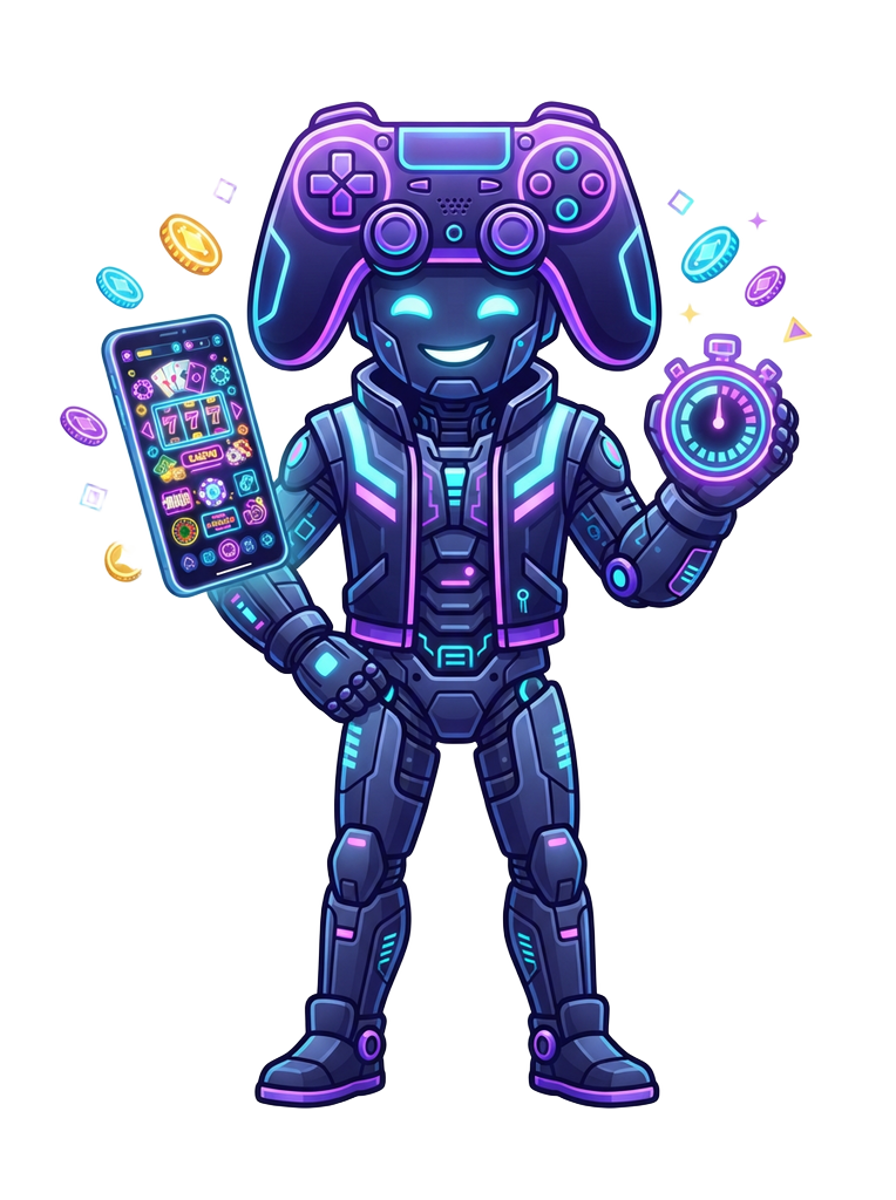 A futuristic robot mascot holding a stopwatch beside a phone showing a Wingo game lobby