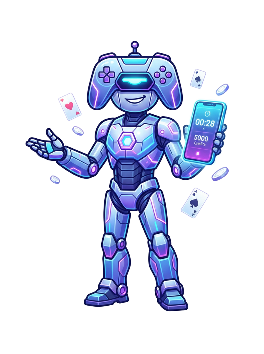 A friendly robot mascot pointing to a phone running a 30-second practice game round