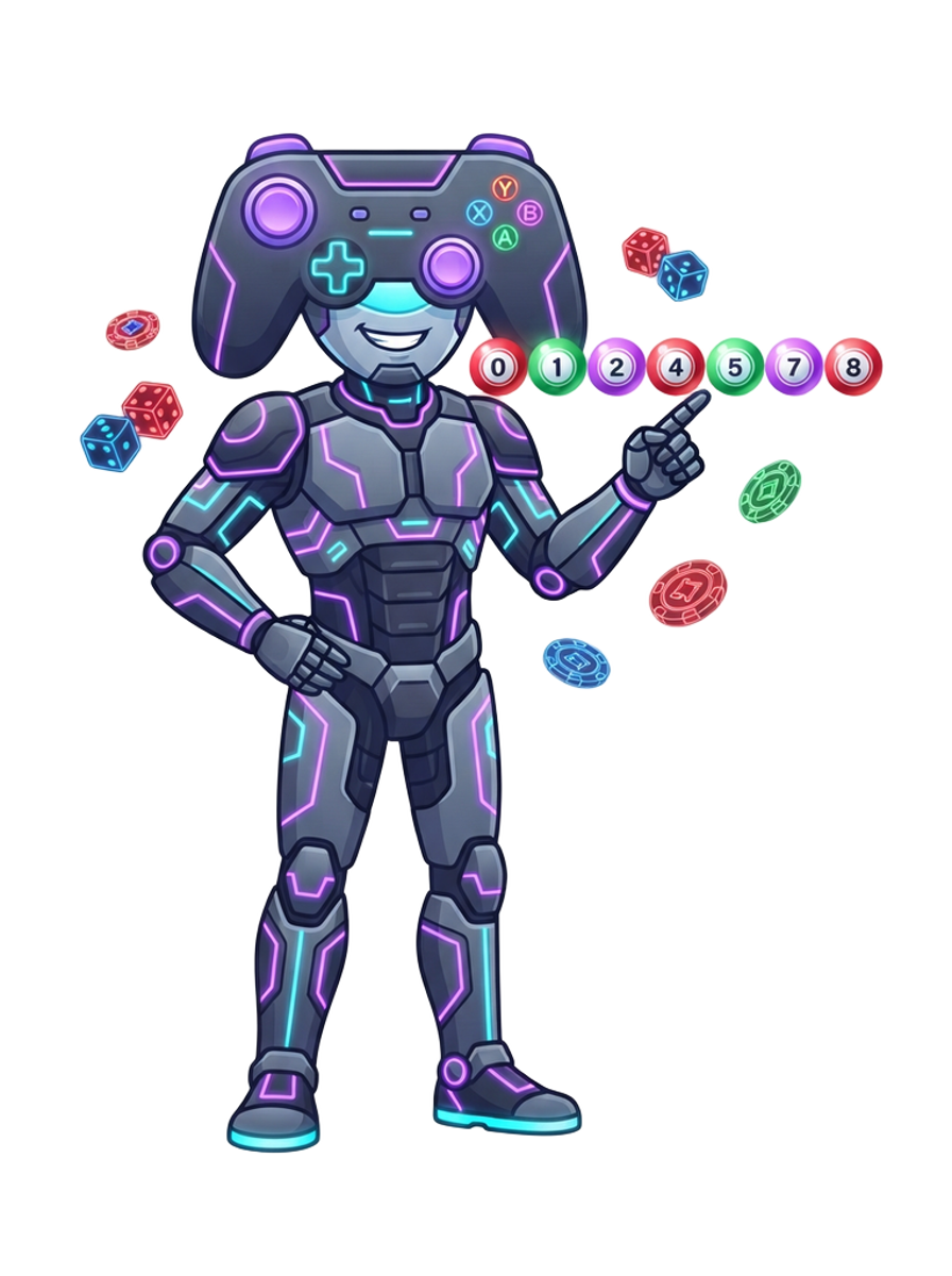 Wingo number-to-color mapping for red, green and violet shown by a neon robot mascot