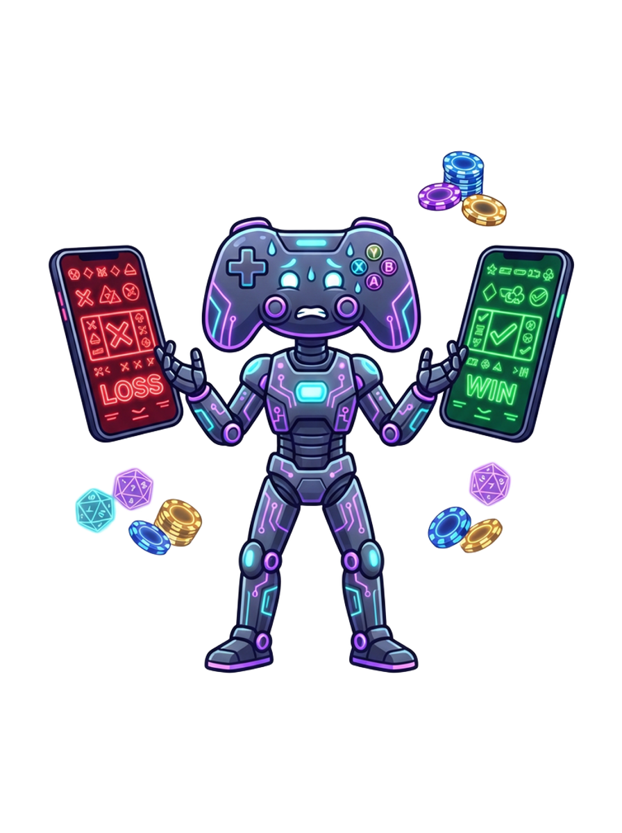 A neon robot mascot reacting to rapid red and green game results on two phone screens