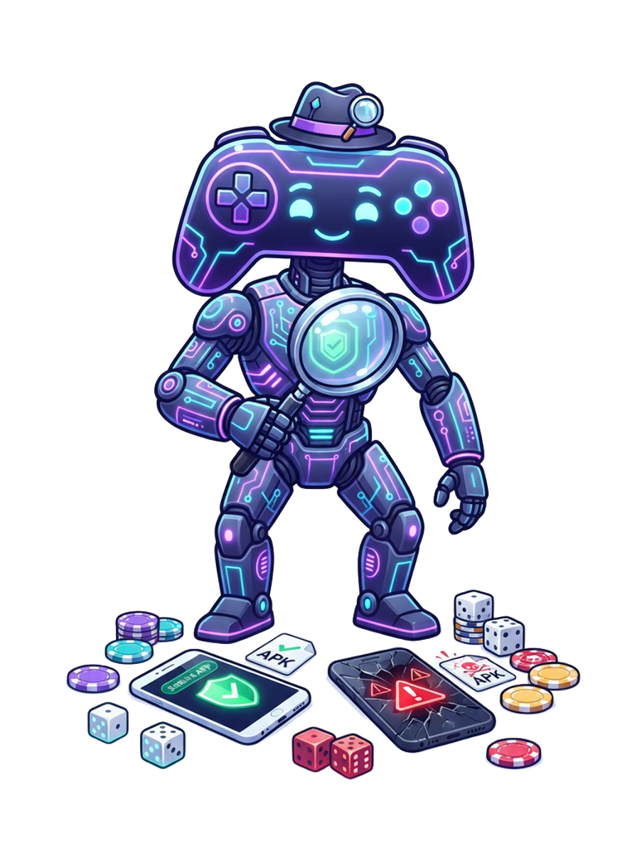 Genuine versus fake APK comparison inspected by a neon robot mascot