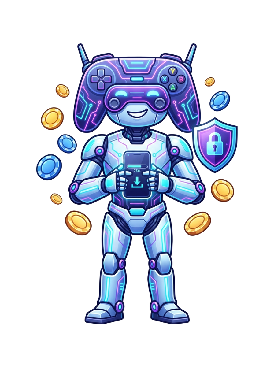 Yono Games APK install steps shown by a neon gaming robot mascot